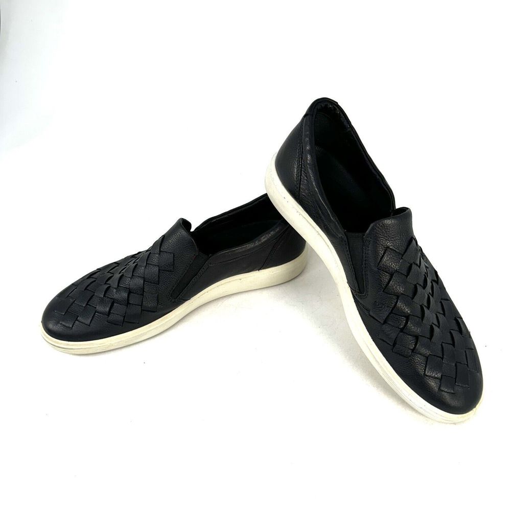 Ecco Soft Woven Slip On Black Leather Basketweave Shoe Womens EU 41 US 10-10.5